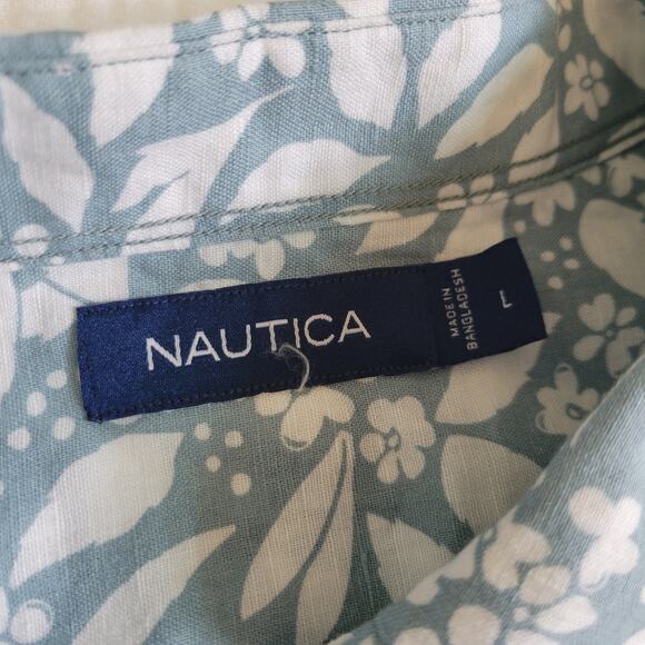 Nautica Mens Large Buttondown Shirt White and Blue Short Sleeve Linen Cotton - Picture 6 of 7